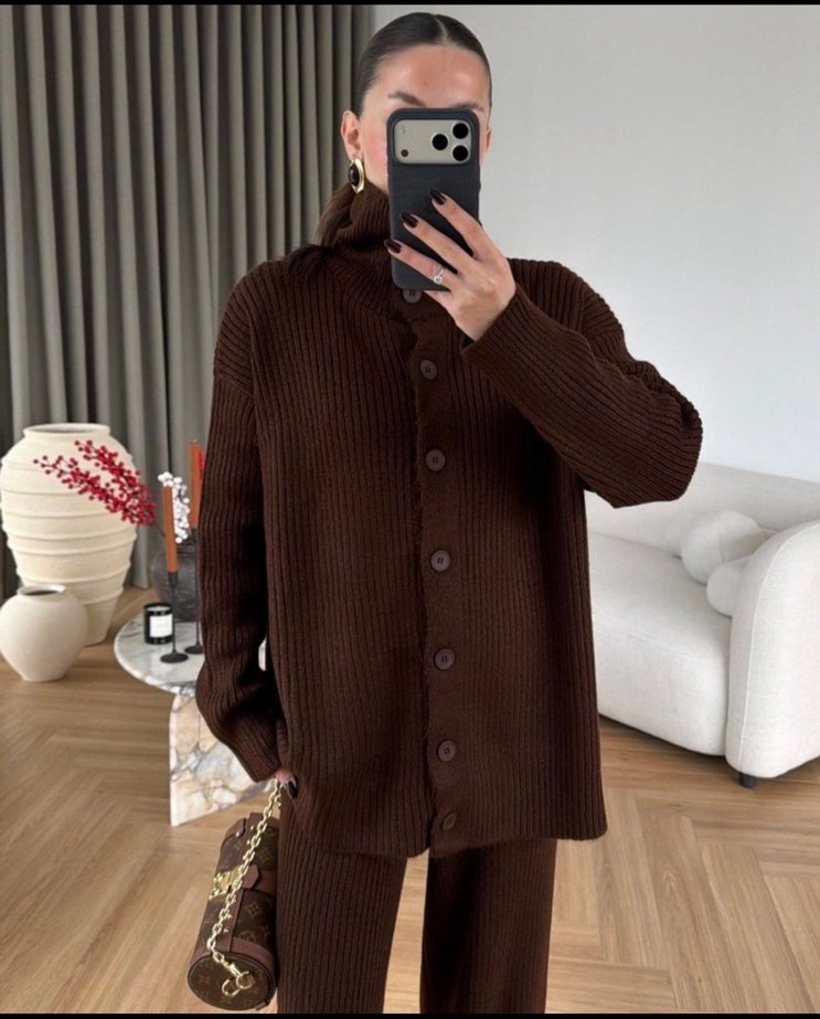 Düğmeli Kahverengi Triko Kadın Takım - Görsel 2