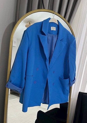 Mavi Düğmeli Kadın Mini Blazer Ceket - Görsel 2