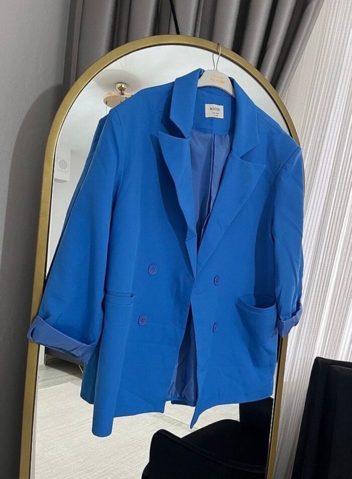 Mavi Düğmeli Kadın Mini Blazer Ceket - Görsel 2