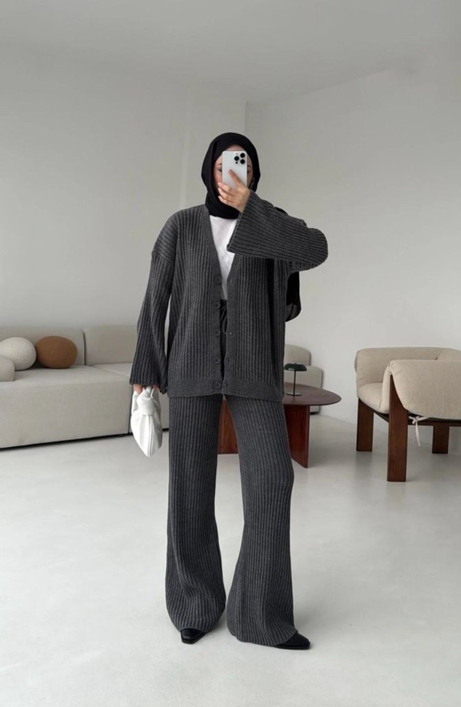 Gri Örgü Kadın Triko Takım - Görsel 2