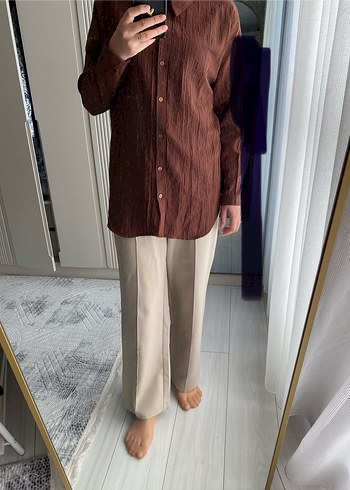 Düğmeli KahverengiKadın Gömlek - Görsel 4