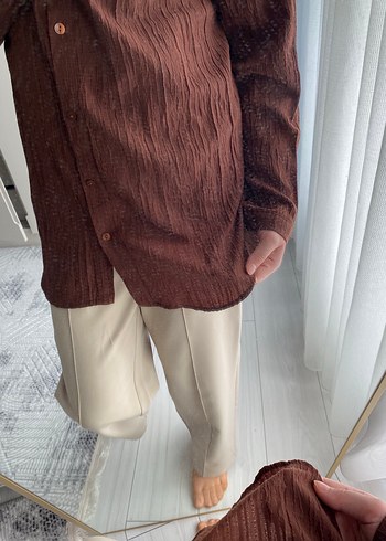 Düğmeli KahverengiKadın Gömlek - Görsel 5