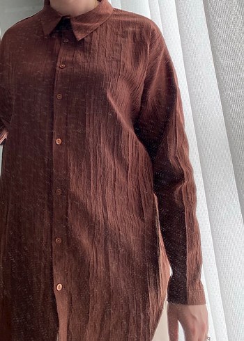 Düğmeli KahverengiKadın Gömlek - Görsel 3