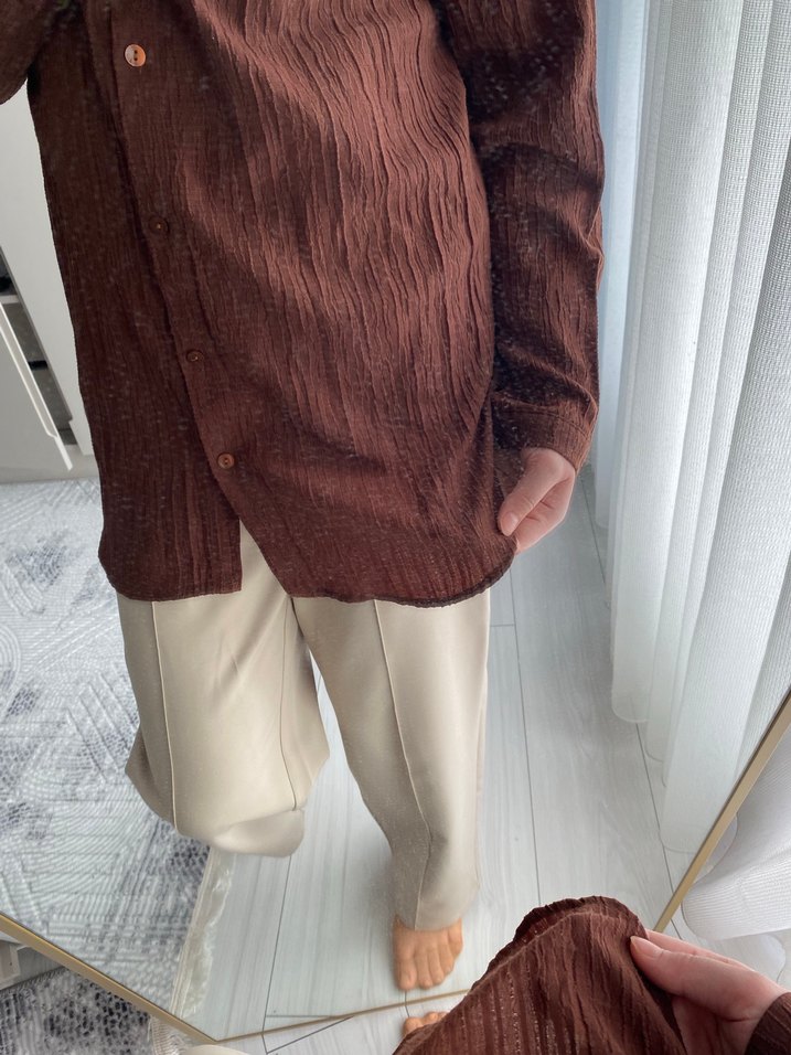 Düğmeli KahverengiKadın Gömlek - Görsel 5