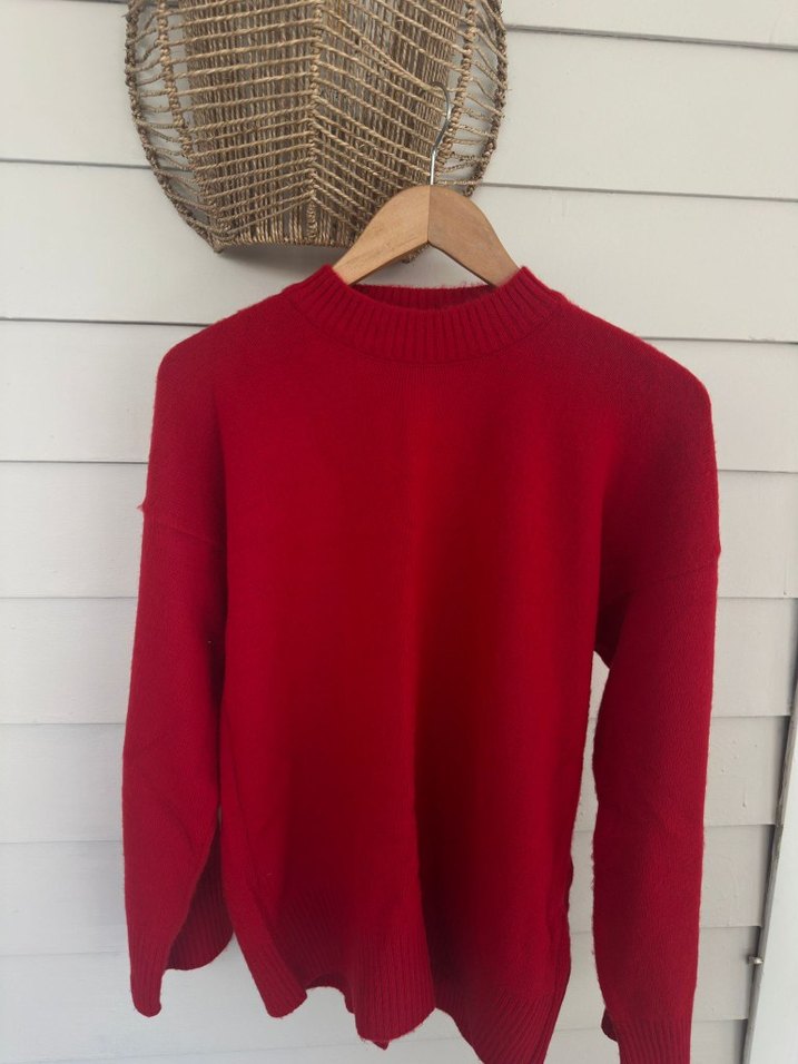 Kadın Kırmızı Oversize Triko Kazak - Görsel 3