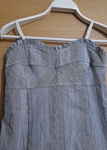 Gri Çizgili Straplez Mini Elbise - Görsel 2