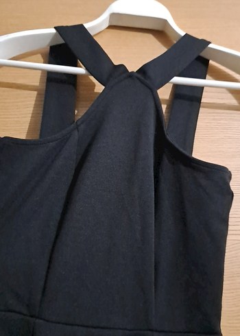 Siyah Midi Yüksek Yakalı Kolsuz Elbise - Görsel 2