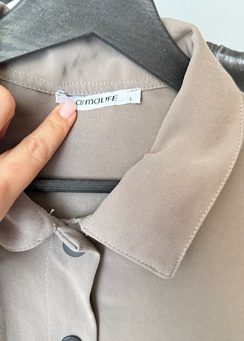 Bej Düğmeli Keten Salaş Kadın Gömlek ceket - Görsel 4