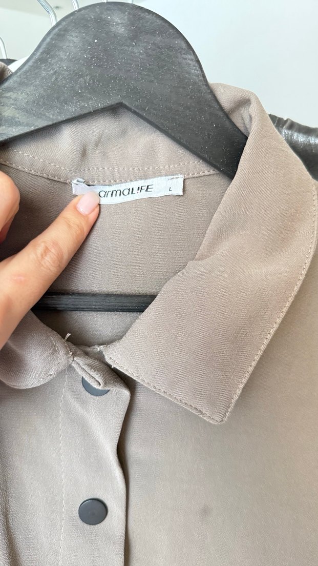 Bej Düğmeli Keten Salaş Kadın Gömlek ceket - Görsel 4