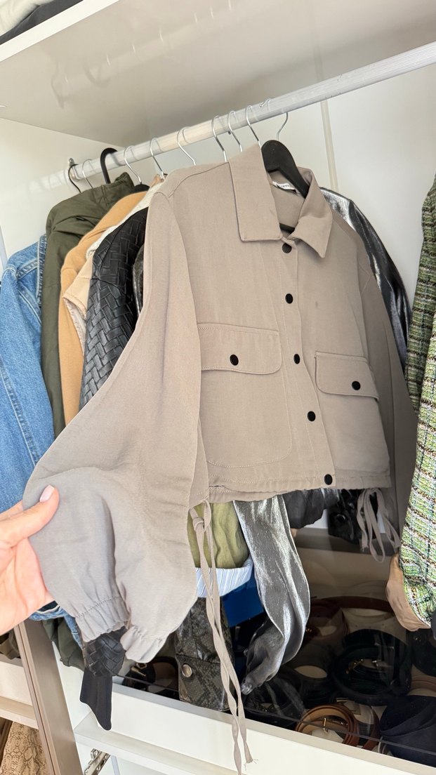 Bej Düğmeli Keten Salaş Kadın Gömlek ceket - Görsel 2