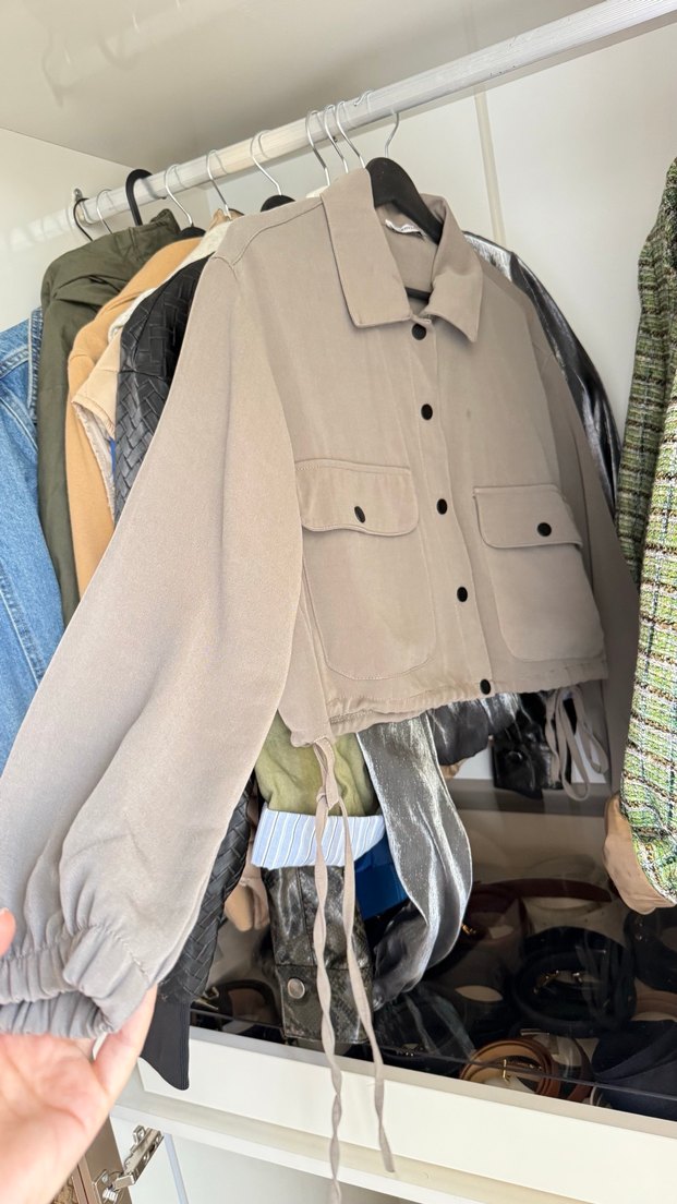 Bej Düğmeli Keten Salaş Kadın Gömlek ceket - Görsel 5