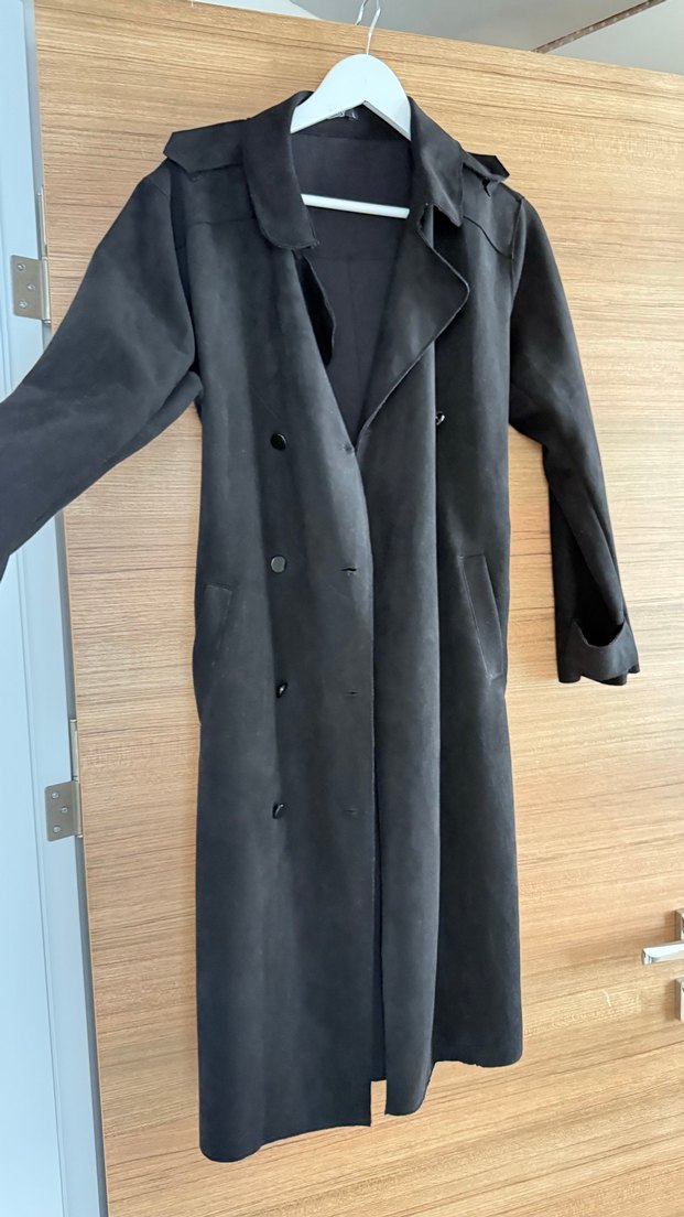 Siyah Kadın Uzun Düğmeli Trençkot süet - Görsel 2