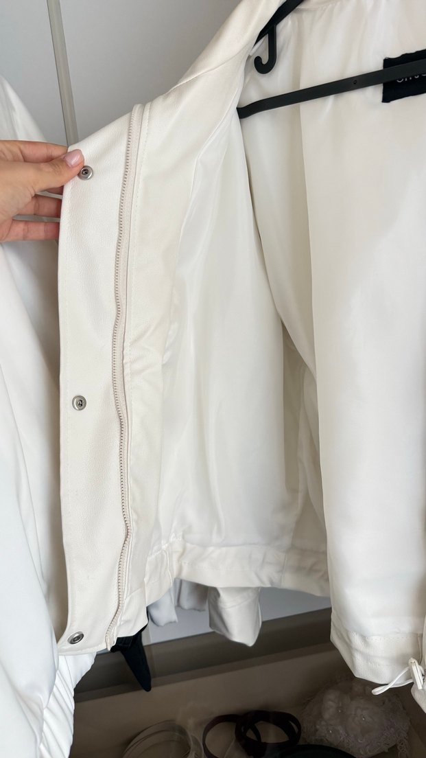 Düğmeli Beyaz Midi deri Kadın Ceket - Görsel 4