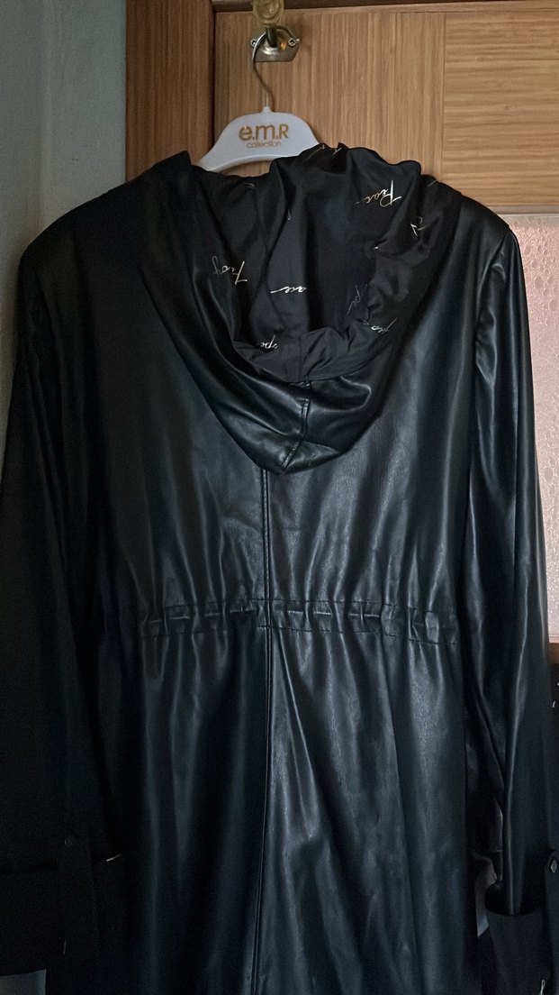 Siyah Deri Uzun Kadın trenç kot - Görsel 2