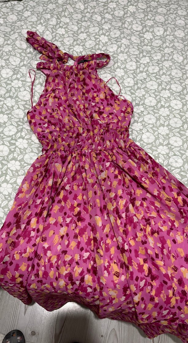 Pembe Fırfırlı Uzun Askılı Bohem Elbise - Görsel 3