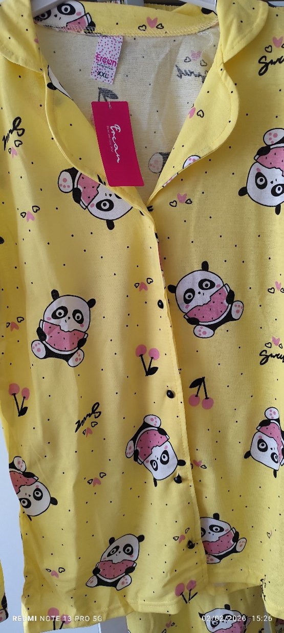 Renkli Baskılı Sarı Kadın Pijama Takımı - Görsel 2