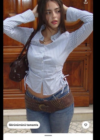 BERSHKA Uzun Kollu Düğmeli Mavi Çizgili Kadın Gömlek - Görsel 5