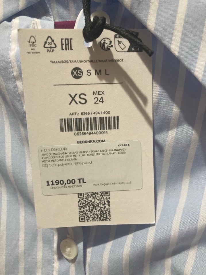 BERSHKA Uzun Kollu Düğmeli Mavi Çizgili Kadın Gömlek - Görsel 3