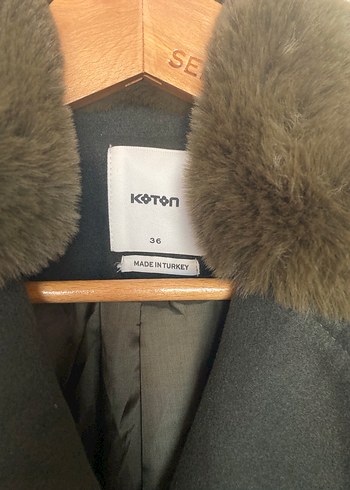 Kemerli, Kürklü Yaka Haki Kaban Koton - Görsel 2