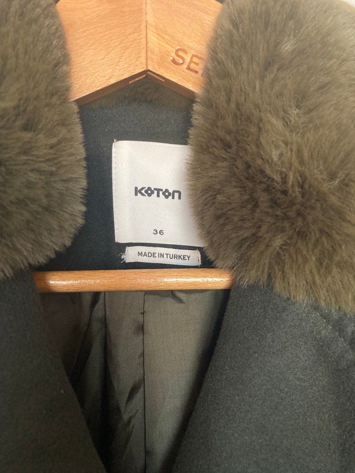 Kemerli, Kürklü Yaka Haki Kaban Koton - Görsel 2