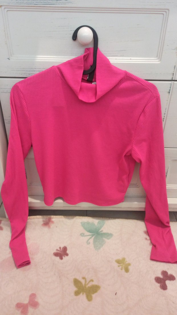 Pembe Yüksek Yakalı İnce Triko Kazak - Görsel 3