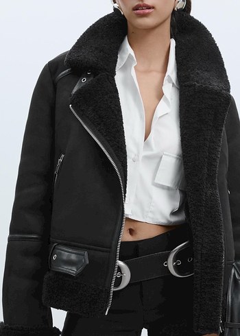 Stradivarius Siyah Suni Deri Kurklu Biker Ceket