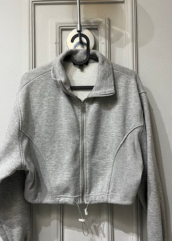 Gri Fermuarlı Kısa Kesim Sweatshirt - Görsel 7