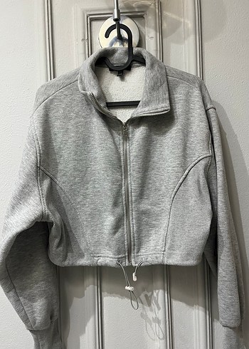 Gri Fermuarlı Kısa Kesim Sweatshirt - Görsel 6