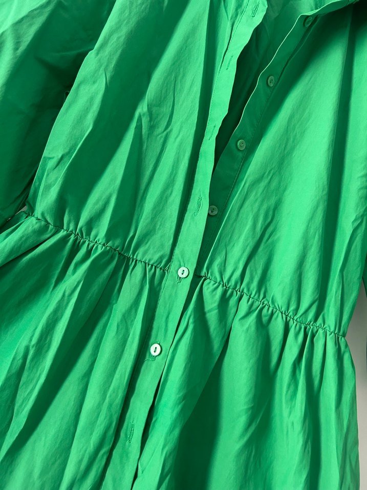 Düğmeli Yeşil Midi Keten Elbise - Görsel 2