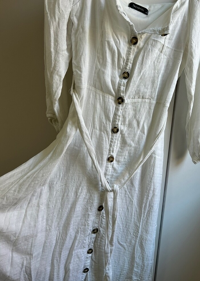 Ekru Kuşaklı Kemerli Elbise - Görsel 3