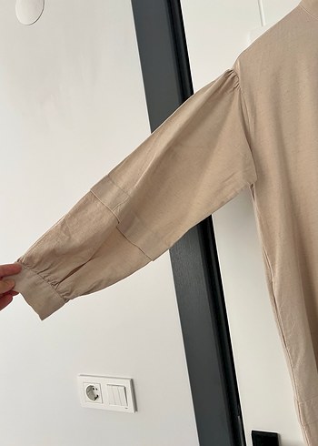 l Beden Bej Keten Düğmeli Uzun Elbise (merve dağlı markası )