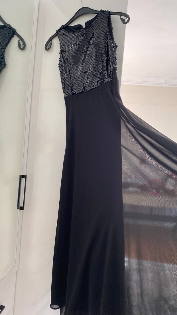 Siyah, Yüksek Yakalı, Drapeli Uzun Kadın Elbise - Görsel 2