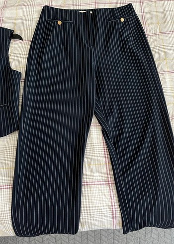 Çizgili Lacivert Denim Düğmeli Kadın yelek pantolon takım - Görsel 3