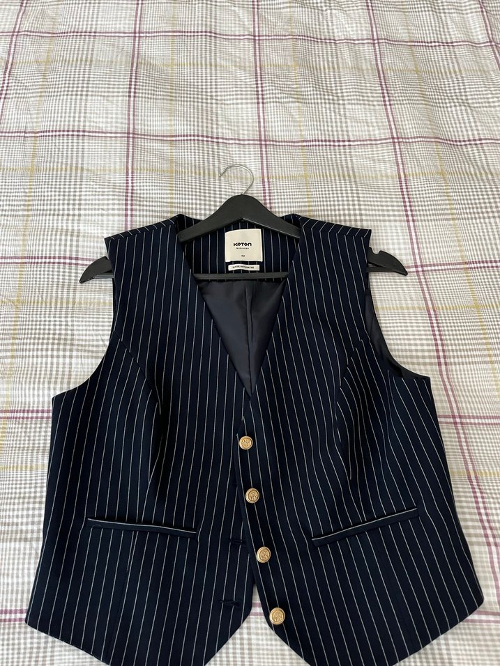 Çizgili Lacivert Denim Düğmeli Kadın yelek pantolon takım - Görsel 2