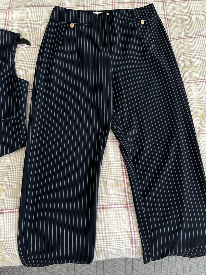 Çizgili Lacivert Denim Düğmeli Kadın yelek pantolon takım - Görsel 3