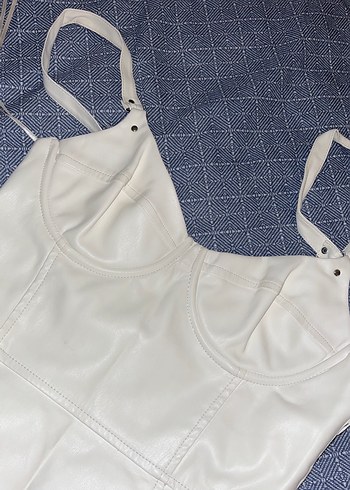 Beyaz Deri Mini askılı Elbise - Görsel 2