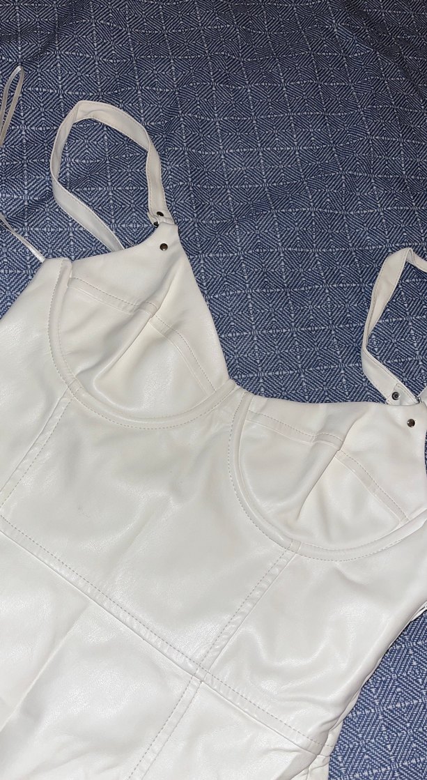 Beyaz Deri Mini askılı Elbise - Görsel 2