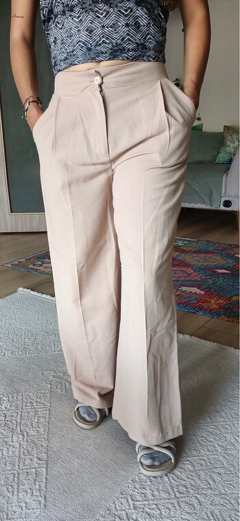 Krem rengi ketenimsi pantalon