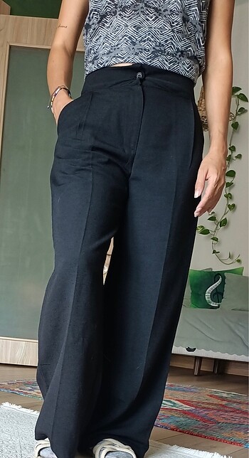 Siyah keten pantalon bol paça