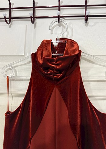 Kiremit rengi Kolsuz Drapeli Abiye - Görsel 3