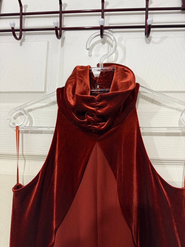 Kiremit rengi Kolsuz Drapeli Abiye - Görsel 3