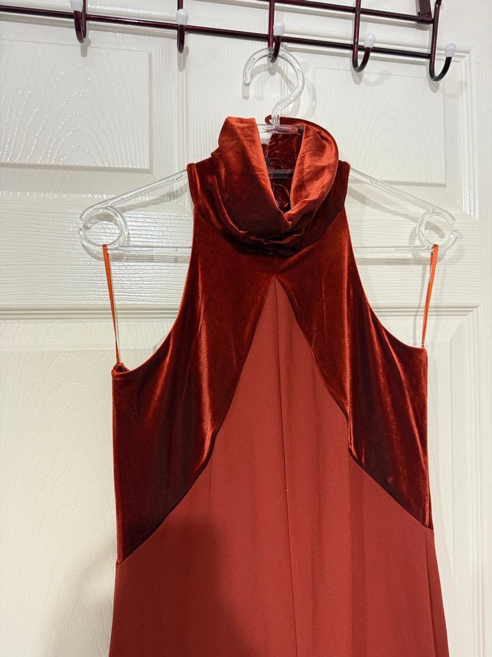 Kiremit rengi Kolsuz Drapeli Abiye - Görsel 2