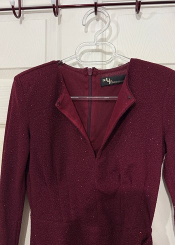 Bordo Uzun Kollu Vatkalı Drapeli Kadın Abiye Elbise - Görsel 2