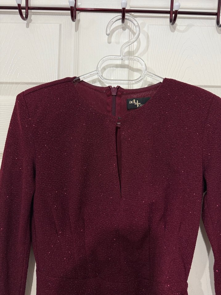 Bordo Uzun Kollu Vatkalı Drapeli Kadın Abiye Elbise - Görsel 3