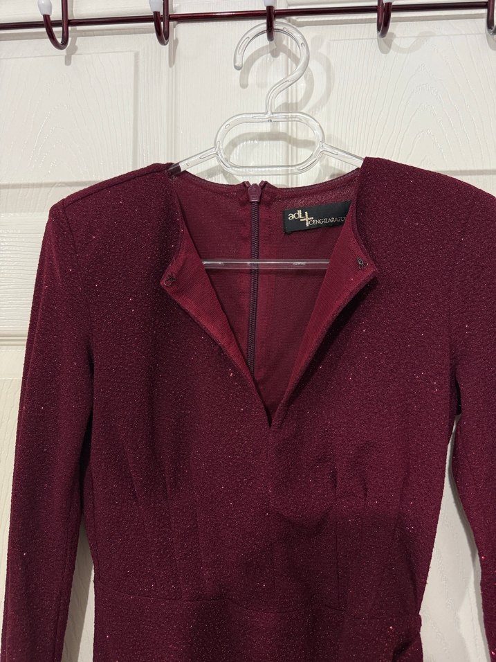 Bordo Uzun Kollu Vatkalı Drapeli Kadın Abiye Elbise - Görsel 2