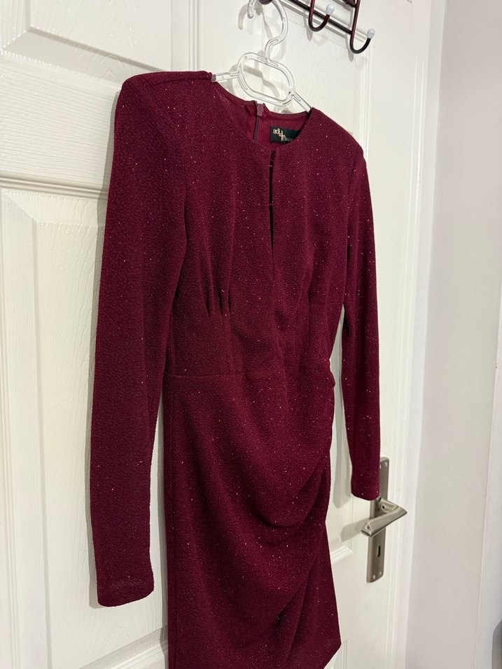 Bordo Uzun Kollu Vatkalı Drapeli Kadın Abiye Elbise - Görsel 4