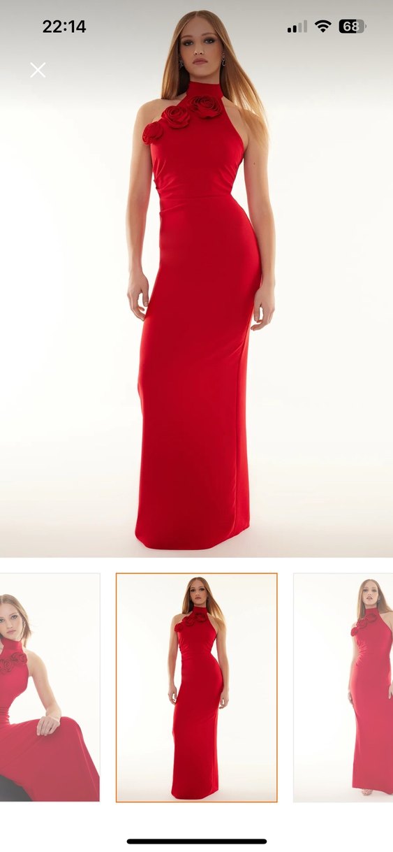 Çiçek Detaylı Kırmızı Uzun Abiye Elbise - Görsel 3