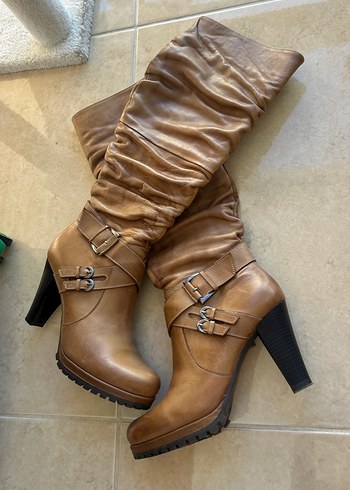 Kahverengi Deri Tokalı Dizüstü Çizme - Görsel 5