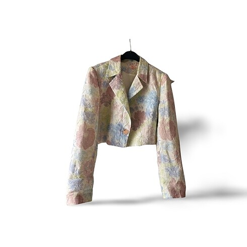 Vintage Çiçek Desenli Crop Blazer Ceket