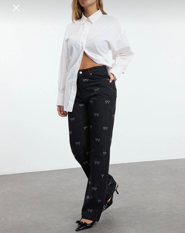 Nakışlı Siyah Kadın Kot Pantolon - Görsel 2